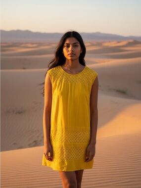 Mustard Yellow Cotton Lace Dress | Boho India | Lightweight Summer | Size L